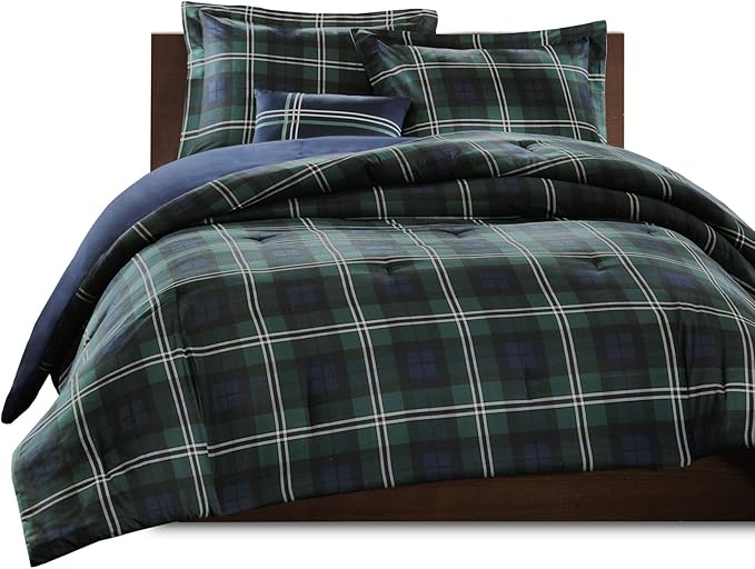 MI ZONE Cozy Comforter Set Cabin Lifestyle Plaid Design All Season Bedding Matching Shams, Decorative Pillow, Twin/Twin XL, Brody Blue 3 Piece, Green/Navy - LeafyLoom