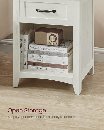 VASAGLE Farmhouse Nightstand with Charging Station, Bedside Table with Drawer, Open Compartment, Side Table with Storage, for Bedroom, Rustic White and Honey Brown ULET659K41 - LeafyLoom