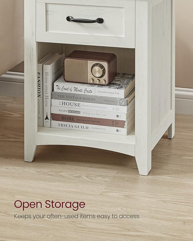 VASAGLE Farmhouse Nightstand with Charging Station, Bedside Table with Drawer, Open Compartment, Side Table with Storage, for Bedroom, Rustic White and Honey Brown ULET659K41 - LeafyLoom