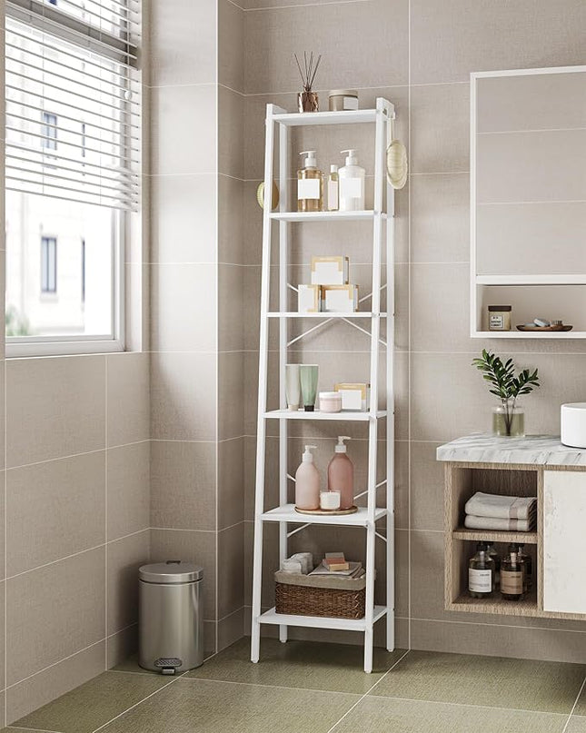 Ladder Shelf, Bookshelf Bookcase, Freestanding Corner Storage Shelve with 2 Hooks for Home Office, Living Room, Kitchen, Bedroom, Industrial, 6-Tier White BC13313W - LeafyLoom