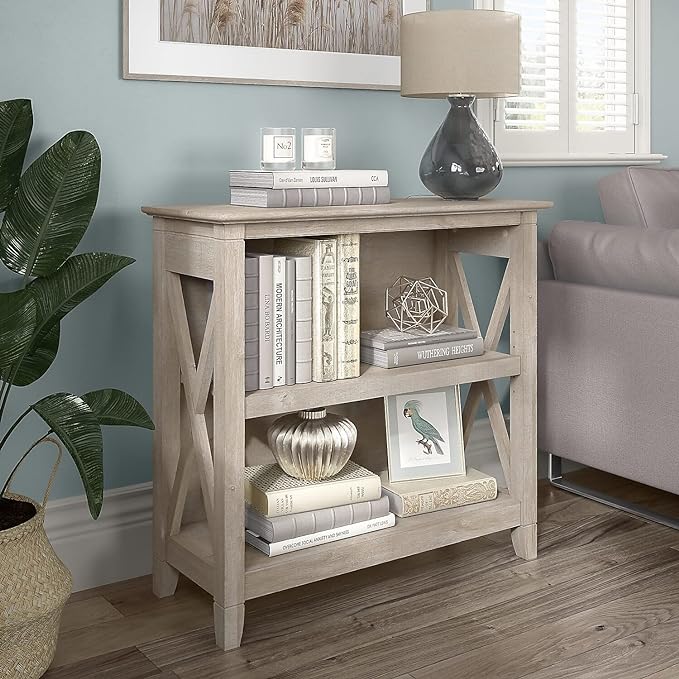 Bush Furniture Key West Small 2 Shelf Bookcase in Washed Gray - LeafyLoom
