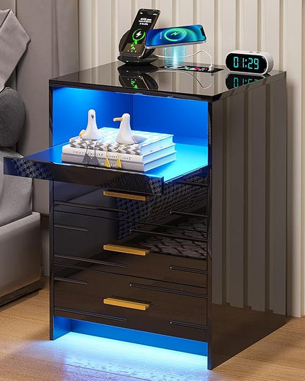 HNEBC RGB LED Nightstand with Wireless Charging Station, Smart Night Stand with 3 Drawers and Sliding Tray, Modern Bedside Table for Bedroom Furniture, High Gloss End Sofa Tables (B Black) - LeafyLoom