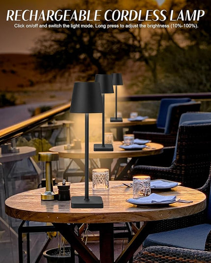 1 Pack Black Cordless Table Lamp, LED Rechargeable Desk Lamp, 5200mAh Battery Operated Table Light, Aluminum Shell, 3 Color Stepless Dimming Up Waterproof for Restaurant/Indoor/Outdoor (Black) - LeafyLoom