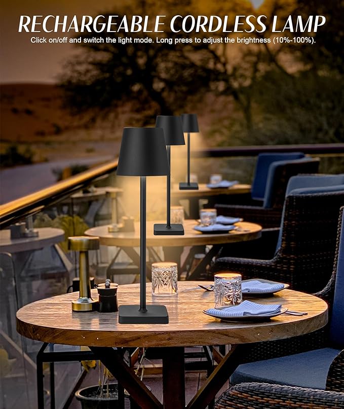 1 Pack Black Cordless Table Lamp, LED Rechargeable Desk Lamp, 5200mAh Battery Operated Table Light, Aluminum Shell, 3 Color Stepless Dimming Up Waterproof for Restaurant/Indoor/Outdoor (Black) - LeafyLoom
