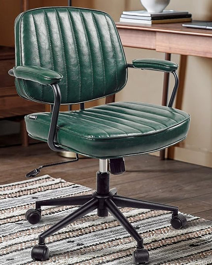 Arts Wish Mid Century Office Chair, Green Leather Desk Chair with Wheels and Arms, Adjustable Seat Height and Backrest, Suitable for Home or Office Use - LeafyLoom