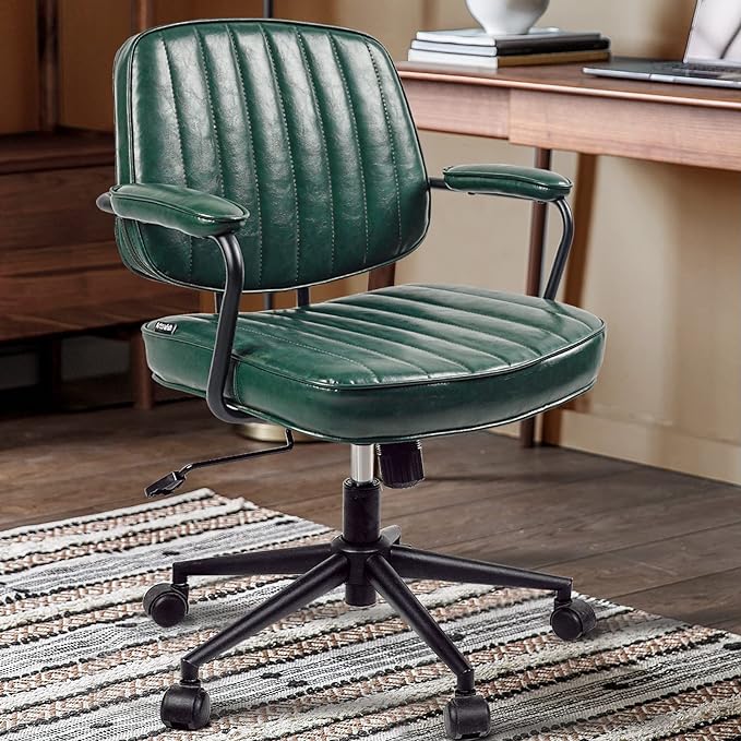 Arts Wish Mid Century Office Chair, Green Leather Desk Chair with Wheels and Arms, Adjustable Seat Height and Backrest, Suitable for Home or Office Use - LeafyLoom