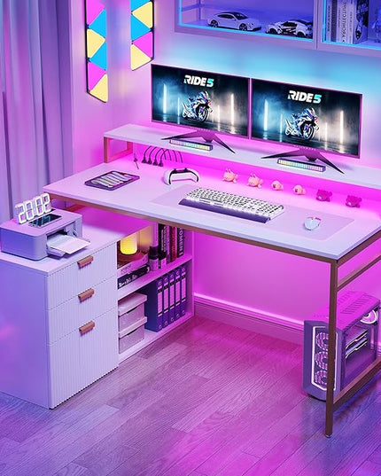 YITAHOME L Shaped Desk with Drawers, 55" Corner Computer Desk with Power Outlets & LED Lights, Large L-Shaped Office Desk with File Cabinet, White & Gold - LeafyLoom