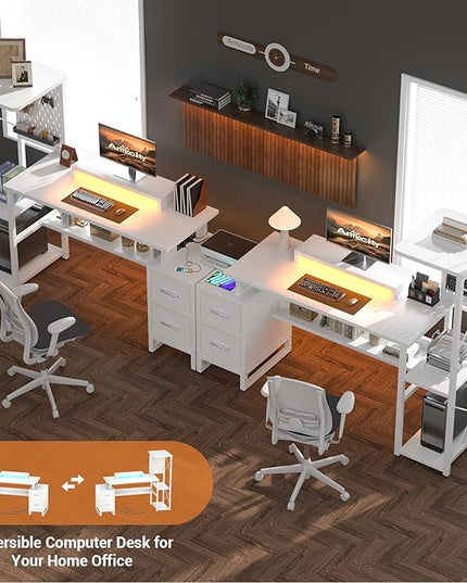 Computer Desk with 2 Fabric Drawers - Reversible Home Office Desk with Power Outlet & LED Lights, 53" Writing Desk with Monitor Stand & Storage Shelves, Gaming Desk Study Table with Pegboard, White - LeafyLoom