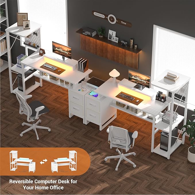 Computer Desk with 2 Fabric Drawers - Reversible Home Office Desk with Power Outlet & LED Lights, 53" Writing Desk with Monitor Stand & Storage Shelves, Gaming Desk Study Table with Pegboard, White - LeafyLoom
