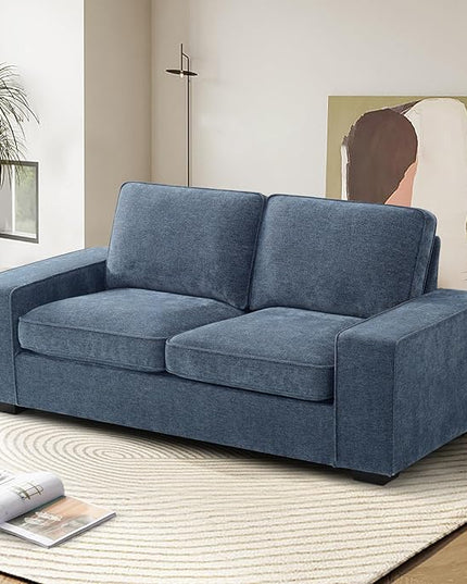 EASELAND 71" Loveseat, Small Chenille Loveseat for Small Spaces, 2-Seater Modern Deep Seat Couch with Removable Back and Cushions, Lounge Sofa for Bedroom with Wood Legs and Fluffy Armrest (Blue) - LeafyLoom