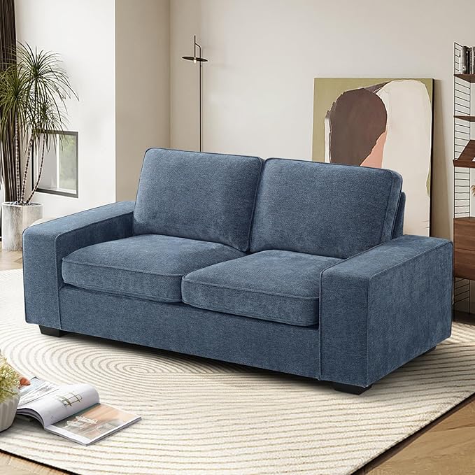 EASELAND 71" Loveseat, Small Chenille Loveseat for Small Spaces, 2-Seater Modern Deep Seat Couch with Removable Back and Cushions, Lounge Sofa for Bedroom with Wood Legs and Fluffy Armrest (Blue) - LeafyLoom