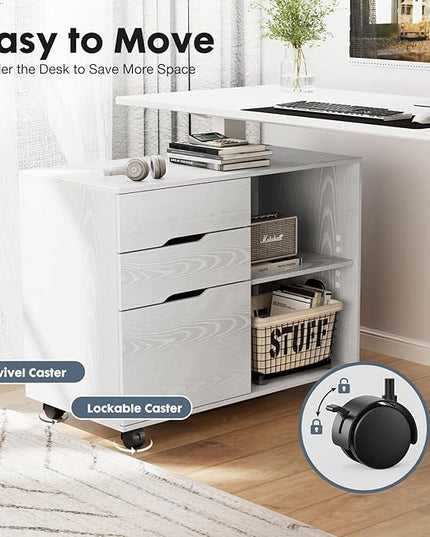 DUMOS Lateral File Cabinet with 3 Drawers Rolling Wooden Printer Stand Under Desk Storage Organizer with 4 Wheels Adjustable Shelf for Office Home, White - LeafyLoom