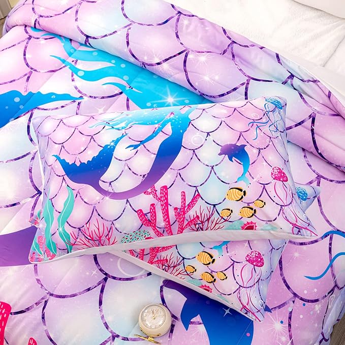 CVHOUSE Mermaid Comforter Set,Rainbow Mermaid Bedding Set for Girls Kids Teens,Rainbow Mermaid Comforter Mermaid Duvet Set Room Decor Quilt Set Twin Size - LeafyLoom
