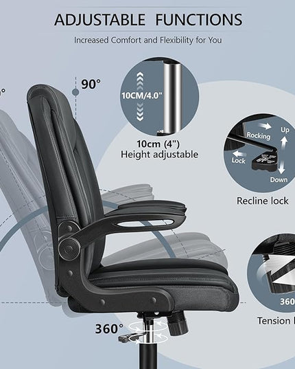 Office Chair Ergonomic Computer Desk Chair, Executive Leather Office Chair with Adjustable Flip-up Armrests Height, Swivel Task Chair with Lumbar Support Rocking Function for Home Office(Black) - LeafyLoom
