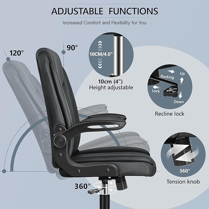 Office Chair Ergonomic Computer Desk Chair, Executive Leather Office Chair with Adjustable Flip-up Armrests Height, Swivel Task Chair with Lumbar Support Rocking Function for Home Office(Black) - LeafyLoom