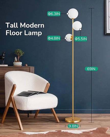 EDISHINE 69in Gold Modern Floor Lamp for Living Room, Upgraded Dimmable 3 Globe Mid Century Standing Lamps, Built-in LED, Frosted Glass Shade, Luna Tall Pole Lamp for Bedroom, Hotel -Antique Brass - LeafyLoom