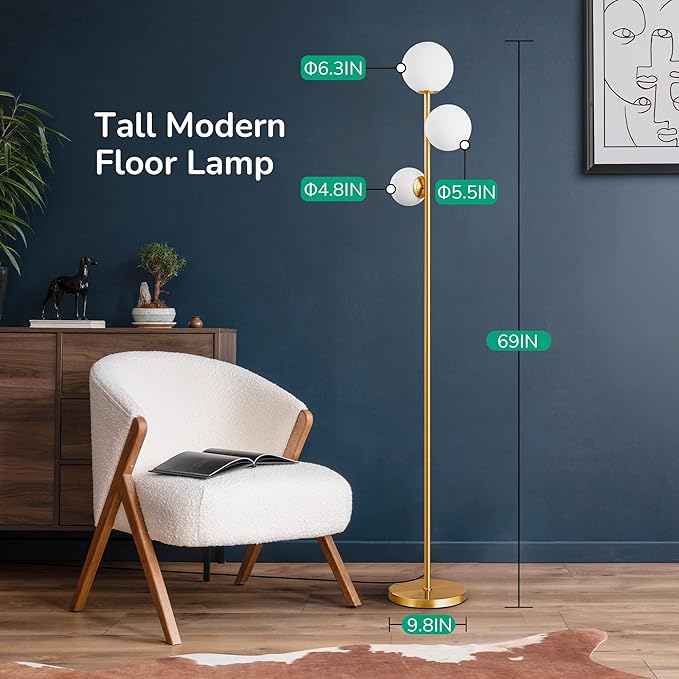 EDISHINE 69in Gold Modern Floor Lamp for Living Room, Upgraded Dimmable 3 Globe Mid Century Standing Lamps, Built-in LED, Frosted Glass Shade, Luna Tall Pole Lamp for Bedroom, Hotel -Antique Brass - LeafyLoom