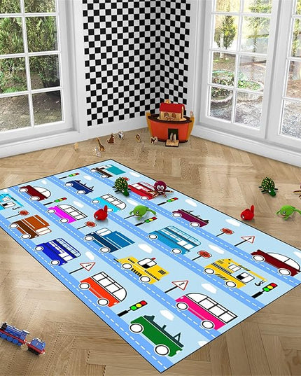 Car Rug Car Play Mat Kids Rugs for Playroom Car Rug Play Mat Rugs for Boys Bedroom Car Carpet for Kids Play Rug for Cars and Trucks Car Rug for Boys Room,Light Blue 4'×5' - LeafyLoom