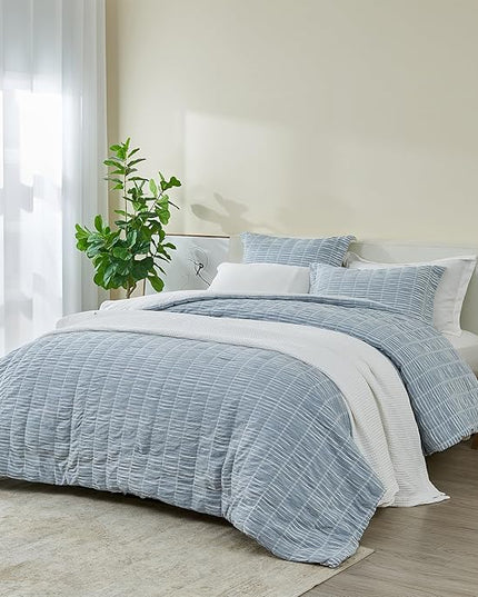 Full/Queen 100% Cotton Comforter Set | Blue Puckered Striped Down Alternative Comforter | All Season, Linen-Like, Textured 3 Piece Bedding Comforter Set (Full/Queen, Blue) - LeafyLoom