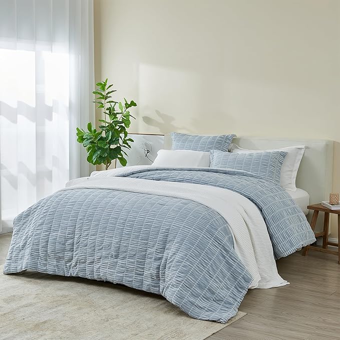 Full/Queen 100% Cotton Comforter Set | Blue Puckered Striped Down Alternative Comforter | All Season, Linen-Like, Textured 3 Piece Bedding Comforter Set (Full/Queen, Blue) - LeafyLoom