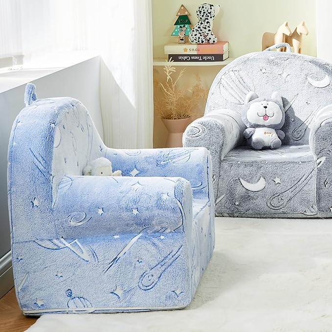Toddler Chair Kids Plush Chair Sherpa Kids Chairs, Toddler Couch Bean Bag Chairs for Kids Gaming Chair for Kids Glow in The Dark,Starry Sky Blue - LeafyLoom