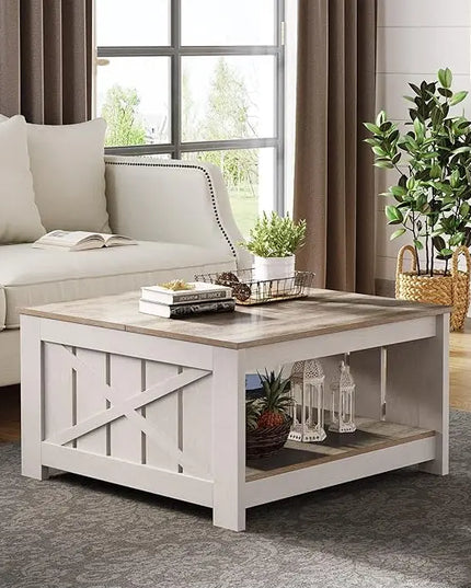 YITAHOME Coffee Table Farmhouse Coffee Table with Storage Rustic Wood Cocktail Table,Square Coffee Table for Living Meeting Room with Half Open Storage Compartment,Grey Wash - LeafyLoom