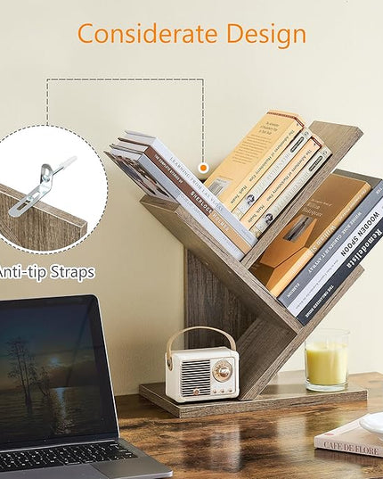 Tajsoon 3 Tier Tree Bookshelf, Small Bookshelf, Desktop Bookshelf Floor Standing Bookcase Display for CDs/Magazine/Books, Book Organizer Shelves for Bedroom, Living Room, Office, Greige - LeafyLoom