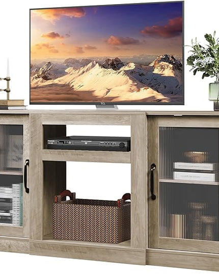 WLIVE Retro TV Stand for 65 inch TV, TV Console Cabinet with Storage, Open Shelves Entertainment Center for Living Room and Bedroom, Greige - LeafyLoom