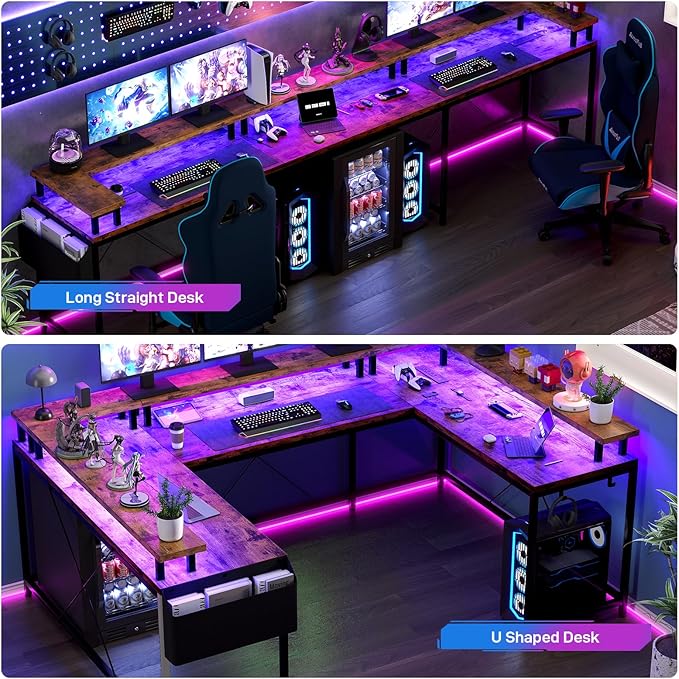 U Shaped Computer Gaming Desk, Reversible L Shaped Desk with Power Outlets, LED Strip & Monitor Stand, Large Corner Desk with Storage Shelves for Home Office, Rustic Brown - LeafyLoom
