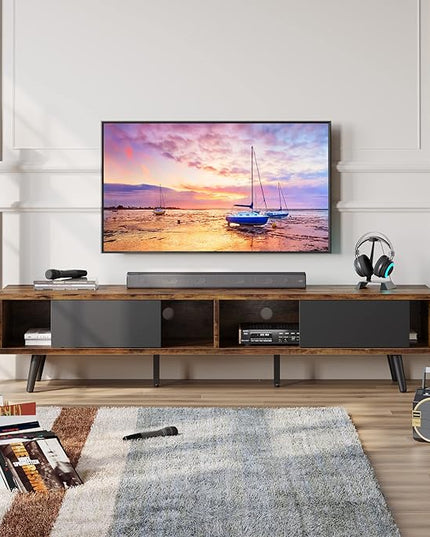 Bestier 70 inch Mid Century Modern TV Stand for 75 inch TV, Low Profile TV Stand with Storage, Entertainment Center for Living Room, Cord Management, Rustic Black - LeafyLoom