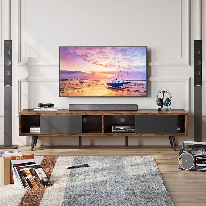 Bestier 70 inch Mid Century Modern TV Stand for 75 inch TV, Low Profile TV Stand with Storage, Entertainment Center for Living Room, Cord Management, Rustic Black - LeafyLoom