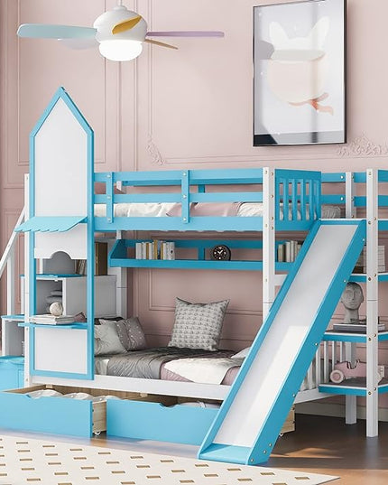 Twin Bunk Bed Castle with Slide, Stairs with Storage, Two Drawers, Solid Wood Bunkbeds Frame w/Shelves and Staircase, for Kids/Teens/Boys/Girls Bedroom, Blue - LeafyLoom