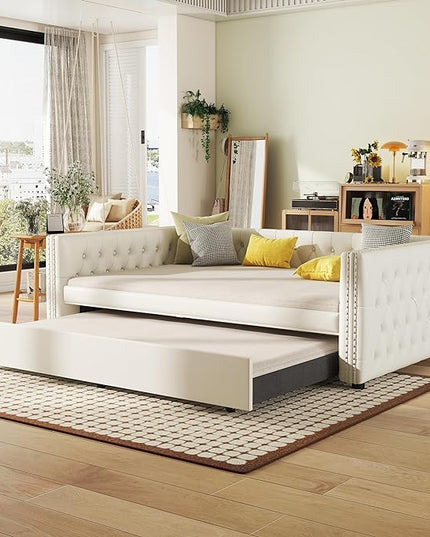 Full Size Daybed, Upholstered Tufted Sofa Bed with Trundle, Daybed with Button & Copper Nail on Square Arms, Full Daybed with Twin Trundle, White - LeafyLoom