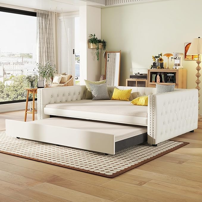 Full Size Daybed, Upholstered Tufted Sofa Bed with Trundle, Daybed with Button & Copper Nail on Square Arms, Full Daybed with Twin Trundle, White - LeafyLoom