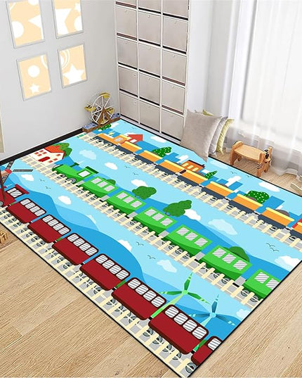 Train Rug Car Rug Play Mat Truck Rugs for Boys Room Kids Car Rug Truck Car Rug Car Carpet for Kids Kids Rugs for Playroom Car Rug for Boys Room,Light Blue 3'×5' - LeafyLoom