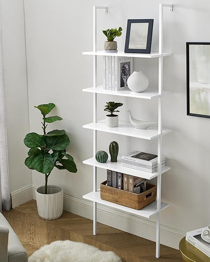 5-Shelf Wood Modern Bookshelf, Open Wall Ladder Bookcase Plant Shelf Vintage Kitchen Shelves Storage, Farmhouse Heavy Duty Display Shelf Wide Modern Open Book Case (White-1) - LeafyLoom