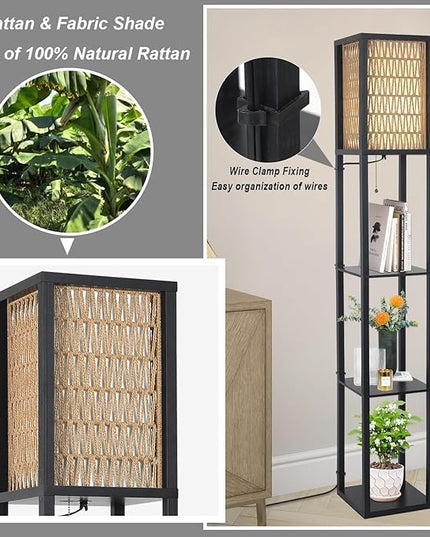 Floor Lamp with Shelves, Corner Floor Lamps for Living Room, Boho Floor Lamp with LED Bulb & Double Shades, Rattan Standing Lamp for Bedroom Office, Shelf Tall Lamp for Storage Display, Home Decor - LeafyLoom
