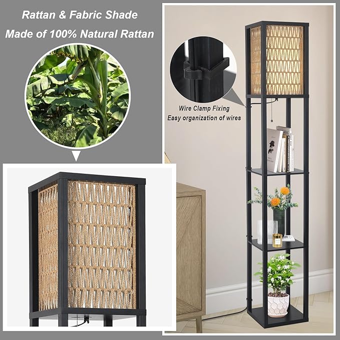 Floor Lamp with Shelves, Corner Floor Lamps for Living Room, Boho Floor Lamp with LED Bulb & Double Shades, Rattan Standing Lamp for Bedroom Office, Shelf Tall Lamp for Storage Display, Home Decor - LeafyLoom