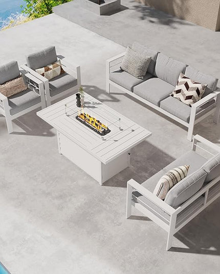 Wisteria Lane Aluminum Patio Furniture Set, 5 Piece Metal Outdoor Furniture Set with CSA Certified 54in Propane Gas Fire Pit Table, Patio Conversation Set with 5in Olefin Cover Cushions (White) - LeafyLoom