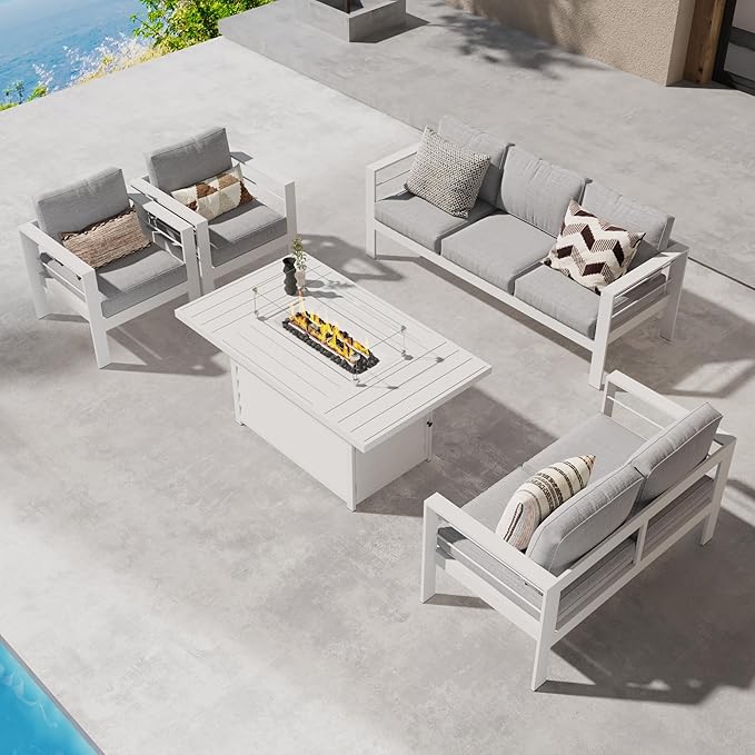 Wisteria Lane Aluminum Patio Furniture Set, 5 Piece Metal Outdoor Furniture Set with CSA Certified 54in Propane Gas Fire Pit Table, Patio Conversation Set with 5in Olefin Cover Cushions (White) - LeafyLoom