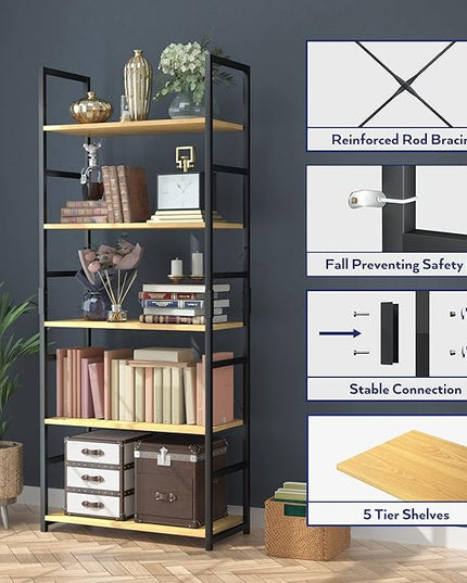 NUMENN 5 Tier Bookshelf, Tall Bookcase Shelf Storage Organizer, Modern Book Shelf for Bedroom, Living Room and Home Office, Natural - LeafyLoom