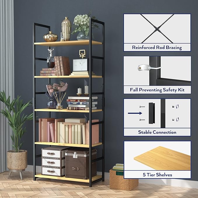 NUMENN 5 Tier Bookshelf, Tall Bookcase Shelf Storage Organizer, Modern Book Shelf for Bedroom, Living Room and Home Office, Natural - LeafyLoom