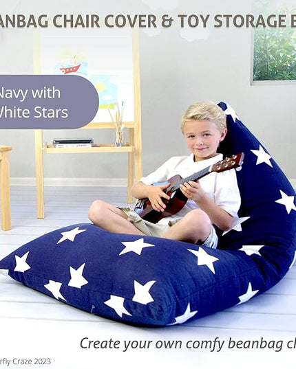 Butterfly Craze Bean Bag Chair Cover, Functional Toddler Toy Organizer, Fill with Stuffed Animals to Create a Jumbo, Comfy Floor Lounger for Boys or Girls, Stuffing Not Included, Navy Stars - LeafyLoom