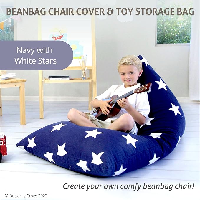 Butterfly Craze Bean Bag Chair Cover, Functional Toddler Toy Organizer, Fill with Stuffed Animals to Create a Jumbo, Comfy Floor Lounger for Boys or Girls, Stuffing Not Included, Navy Stars - LeafyLoom