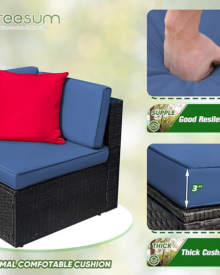 Greesum 3 Piece Patio Conversation Set Wicker Rattan Furniture Outdoor Sofa with Cushions,Pillows & Glass Table for Porch,Lawn and Yard, Dark Blue - LeafyLoom