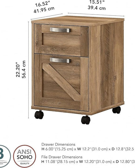 Bush Furniture Knoxville 2 Drawer Mobile File Cabinet, Rolling Document Storage for Home Office, Reclaimed Pine - LeafyLoom