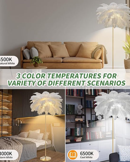 Feather Lamp, Natural Ostrich Feather Floor Lamp for Living Room, 63in Height, 3 Color Temperatures Bright LED Bulbs, Modern Funky Tall Lamp Standing Light for Bedroom (White) - LeafyLoom
