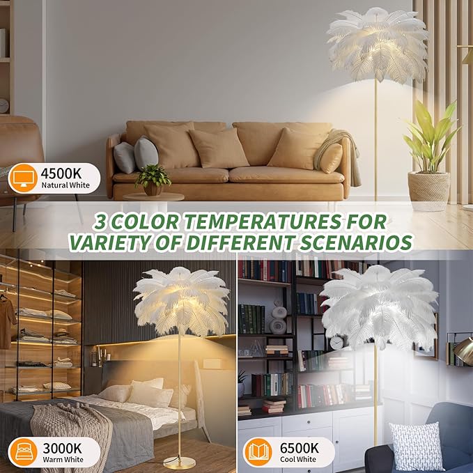 Feather Lamp, Natural Ostrich Feather Floor Lamp for Living Room, 63in Height, 3 Color Temperatures Bright LED Bulbs, Modern Funky Tall Lamp Standing Light for Bedroom (White) - LeafyLoom