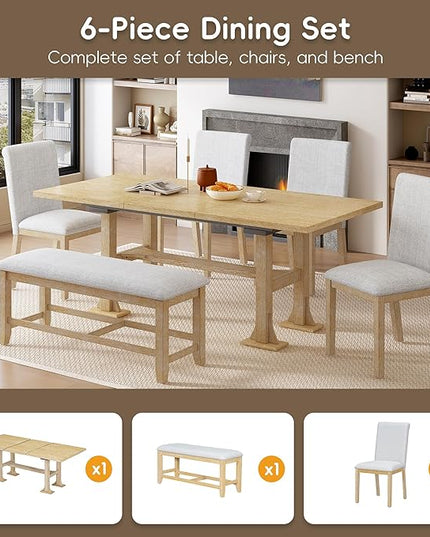 76Inch Dining Table Set for 6, Extendable Dining Table with 18inch Removable Leaf and Upholstered Dining Chair and Bench for Dining Room, Natural+Light Grey - LeafyLoom