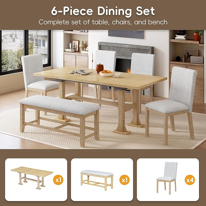 76Inch Dining Table Set for 6, Extendable Dining Table with 18inch Removable Leaf and Upholstered Dining Chair and Bench for Dining Room, Natural+Light Grey - LeafyLoom
